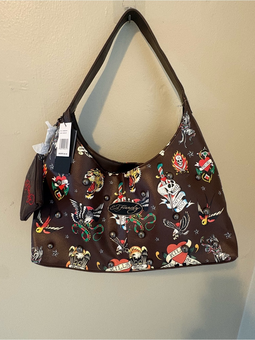 Ed Hardy Brown Tattoo-Print Shoulder Bag with Multicolor Accents with pouch